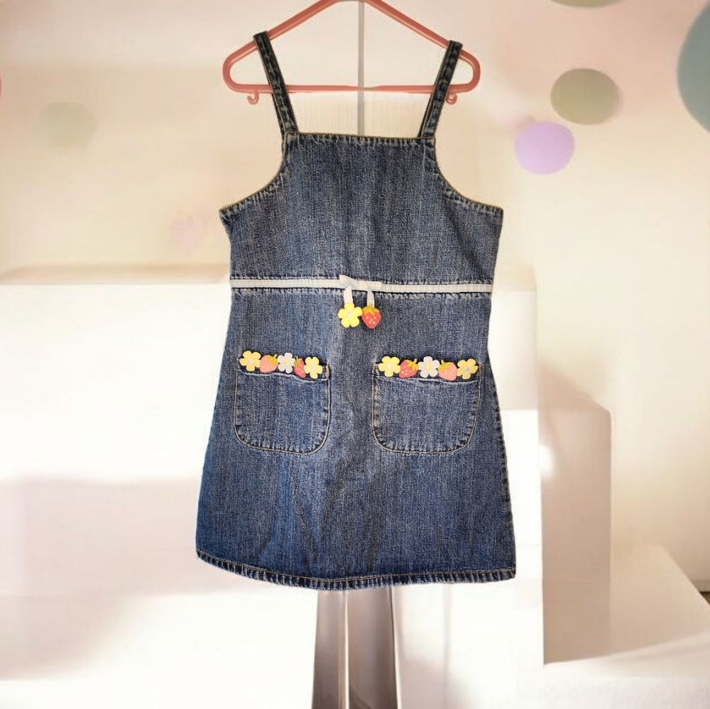 VTG Gymboree 2003 Strawberry Patch Denim Dress Jumper Gingham Ribbon Girls Sz 8